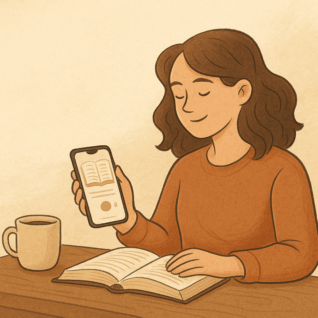 Person studying Bible with coffee and phone